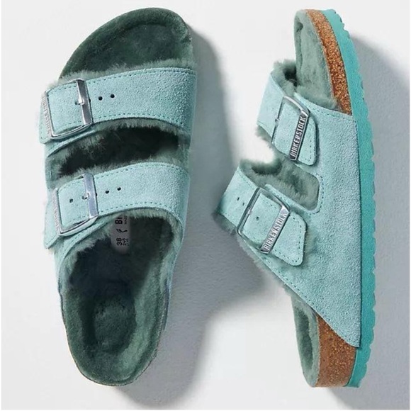 NWT BIRKENSTOCK ARIZONA  TEAL SUEDE SHEARLING SANDALS  ll  SZ- 265 / 41 - Picture 3 of 11